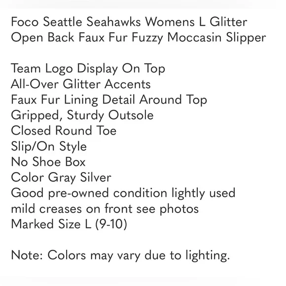 Seattle Seahawks Women's Glitter Open Back Fur Moccasin Slippers Size Large 9-10 - Picture 6 of 15